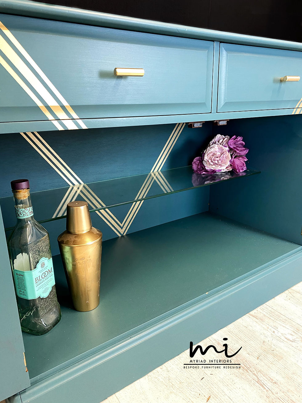 Thumbnail: Refurbished teal blue Stag Sideboard, drinks cabinet, 