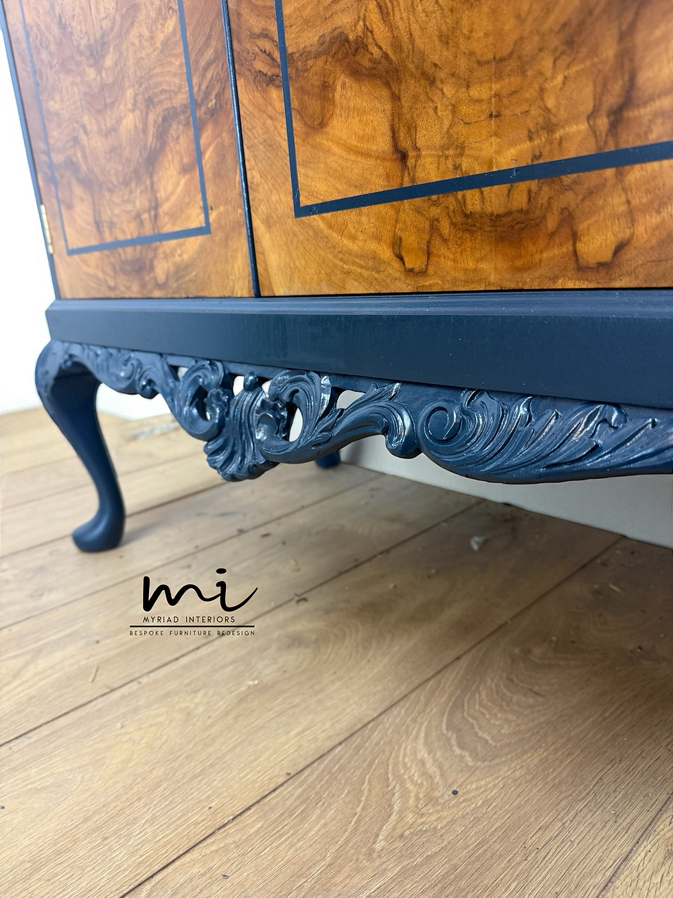 Thumbnail: Navy blue Queen Anne cocktail cabinet, refurbished Art deco drinks cabinet