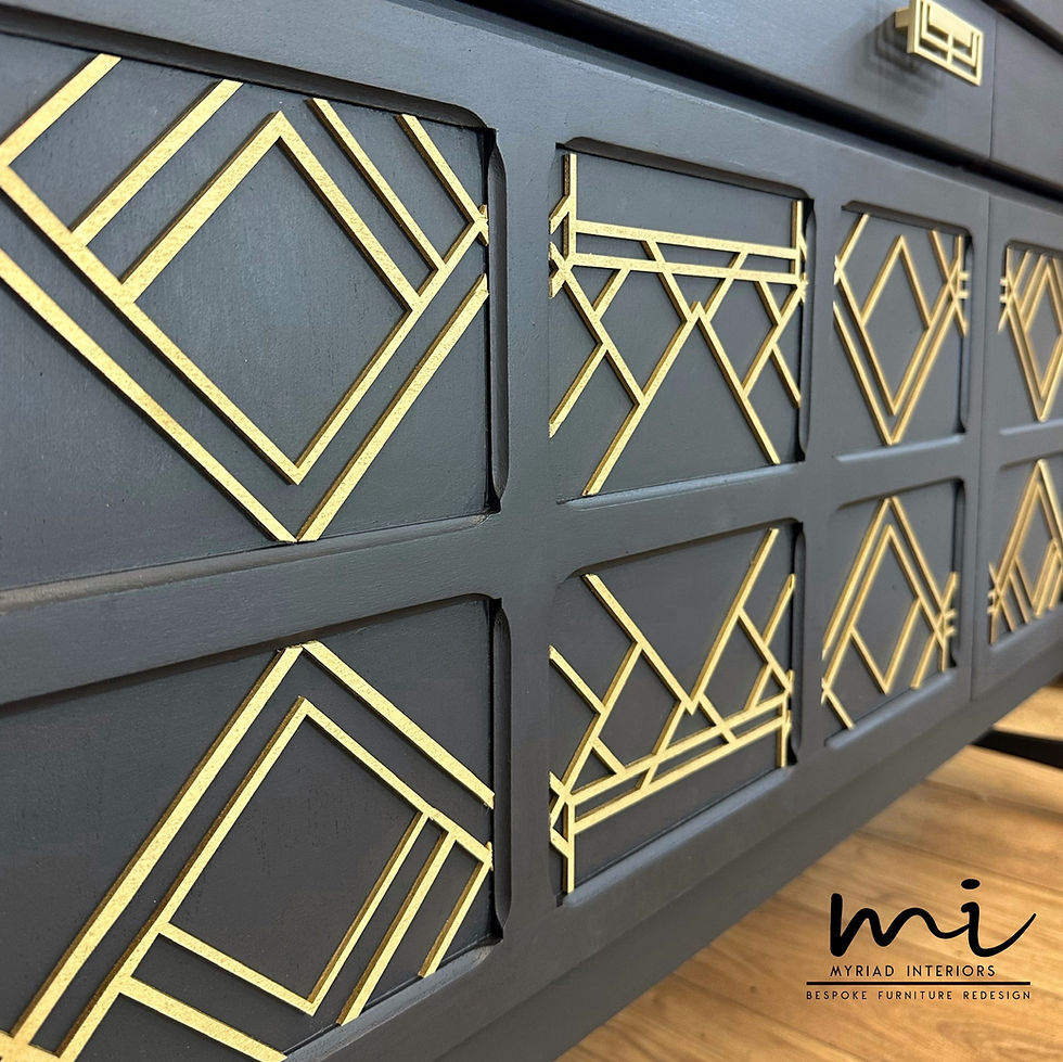 Thumbnail: Large Nathan sideboard dark grey gold art deco design, drinks cocktail cabinet