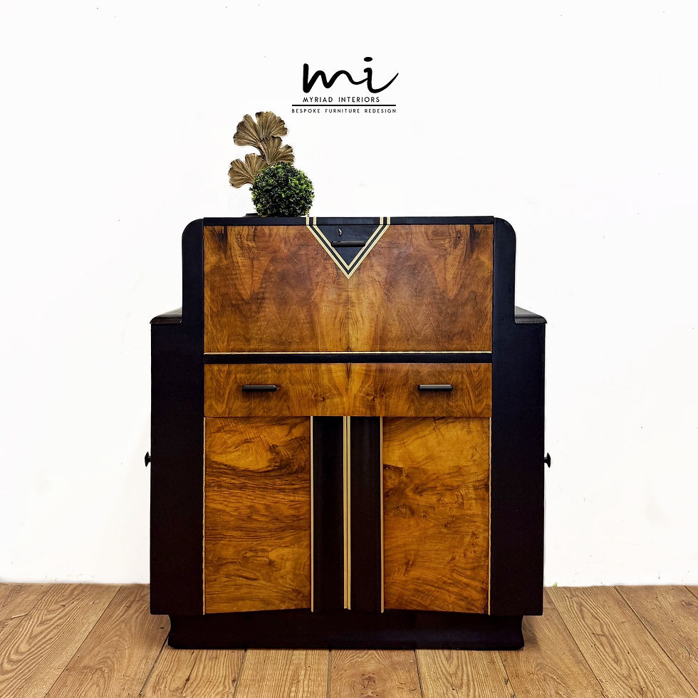 Thumbnail: Refurbished Art Deco Black And Gold Walnut cocktail cabinet, drinks sideboard