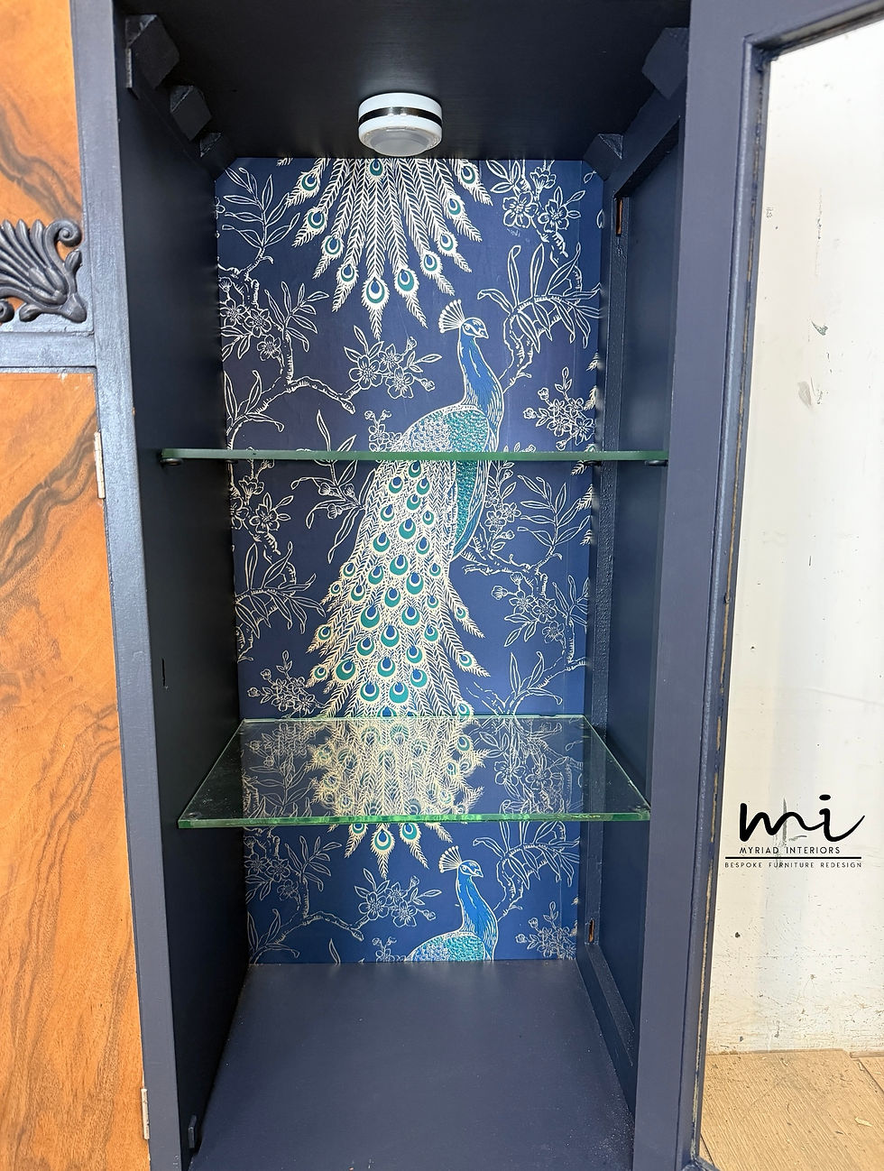 Thumbnail: Art Deco refinished walnut cocktail cabinet, navy blue, champagne gold, vintage 