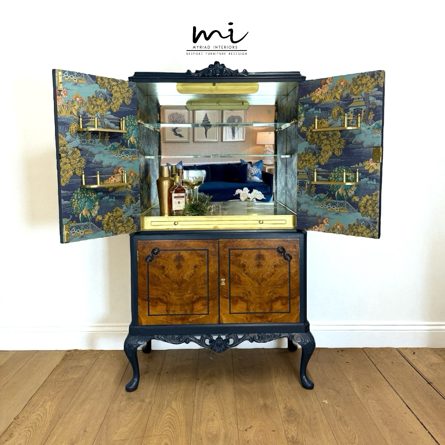 Navy blue Queen Anne cocktail cabinet, walnut Art deco drinks cabinet