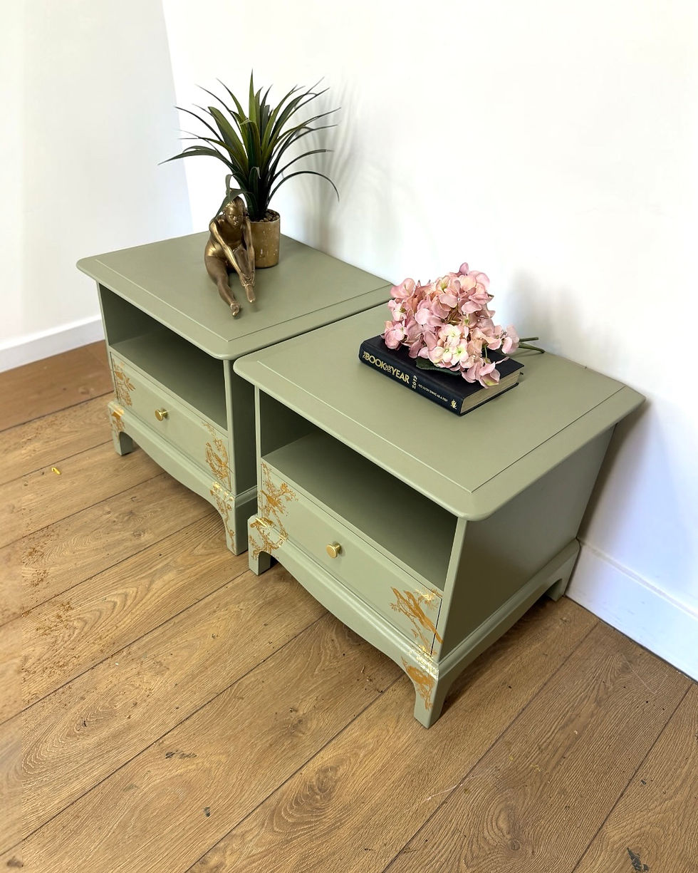 Thumbnail: Stag Minstrel Bedside Tables In Pale Sage Green With Gold Floral Bird Design 