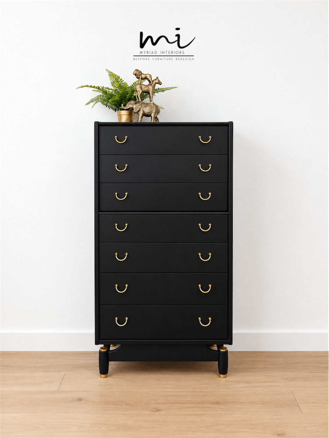 Refurbished Matte Black G Plan E Gomme tallboy chest of drawers mid century to