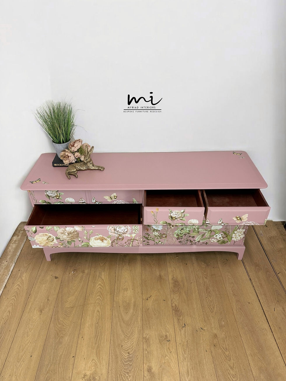 Thumbnail: Refinished Stag Minstrel Captains Chest Of Drawers In Dusky Pink With Floral Des