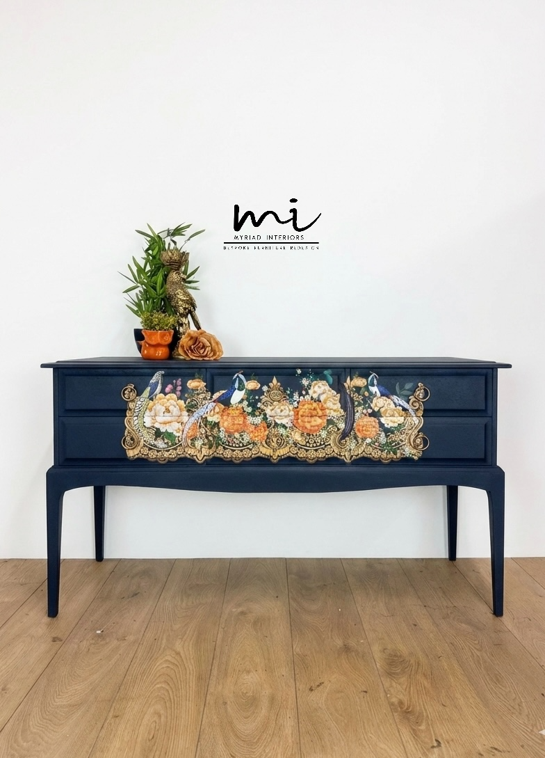 Navy Blue Stag Minstrel Sideboard with Floral bird design maximalist console