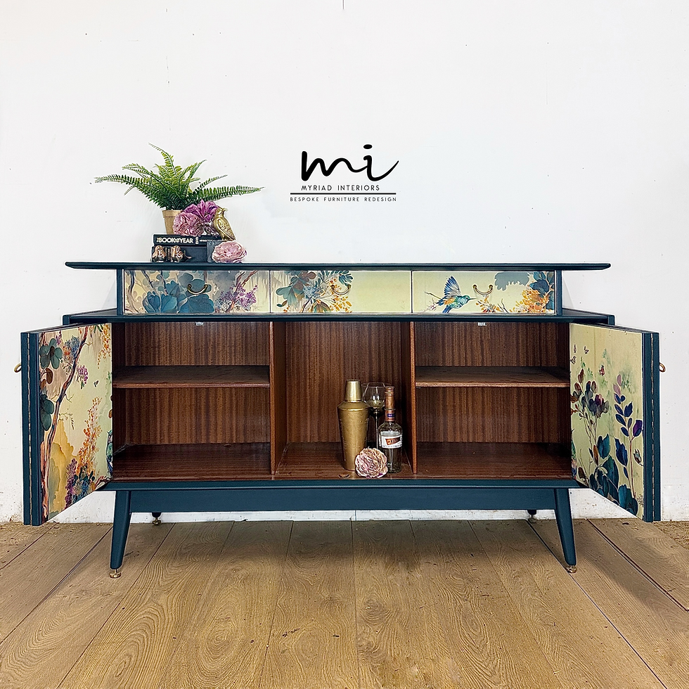 Thumbnail: G Plan sideboard navy blue floral design, mid century tv unit, drinks cabinet