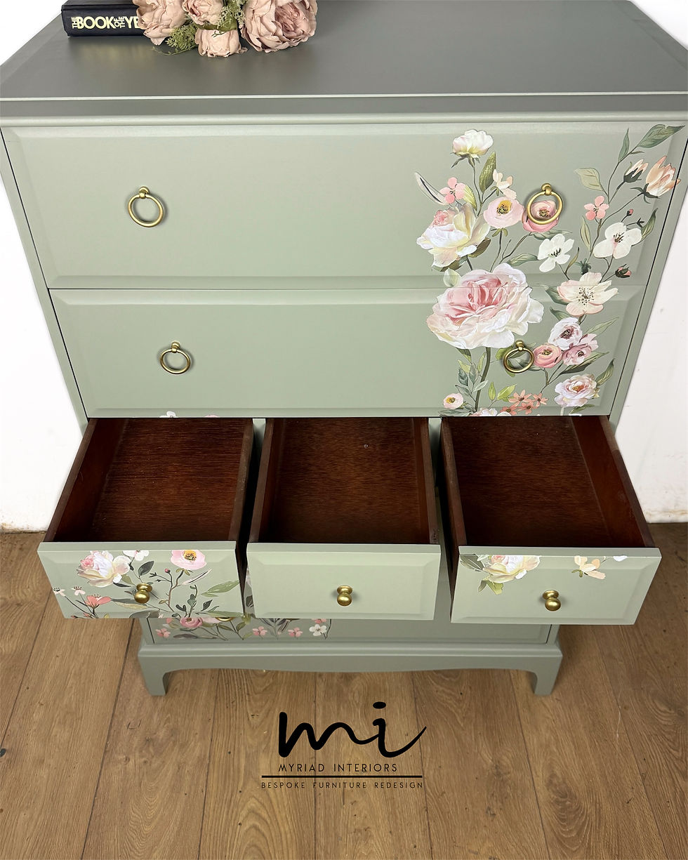 Thumbnail: Vintage Stag Minstrel Tallboy in Pale Sage Green Pink Floral Design 