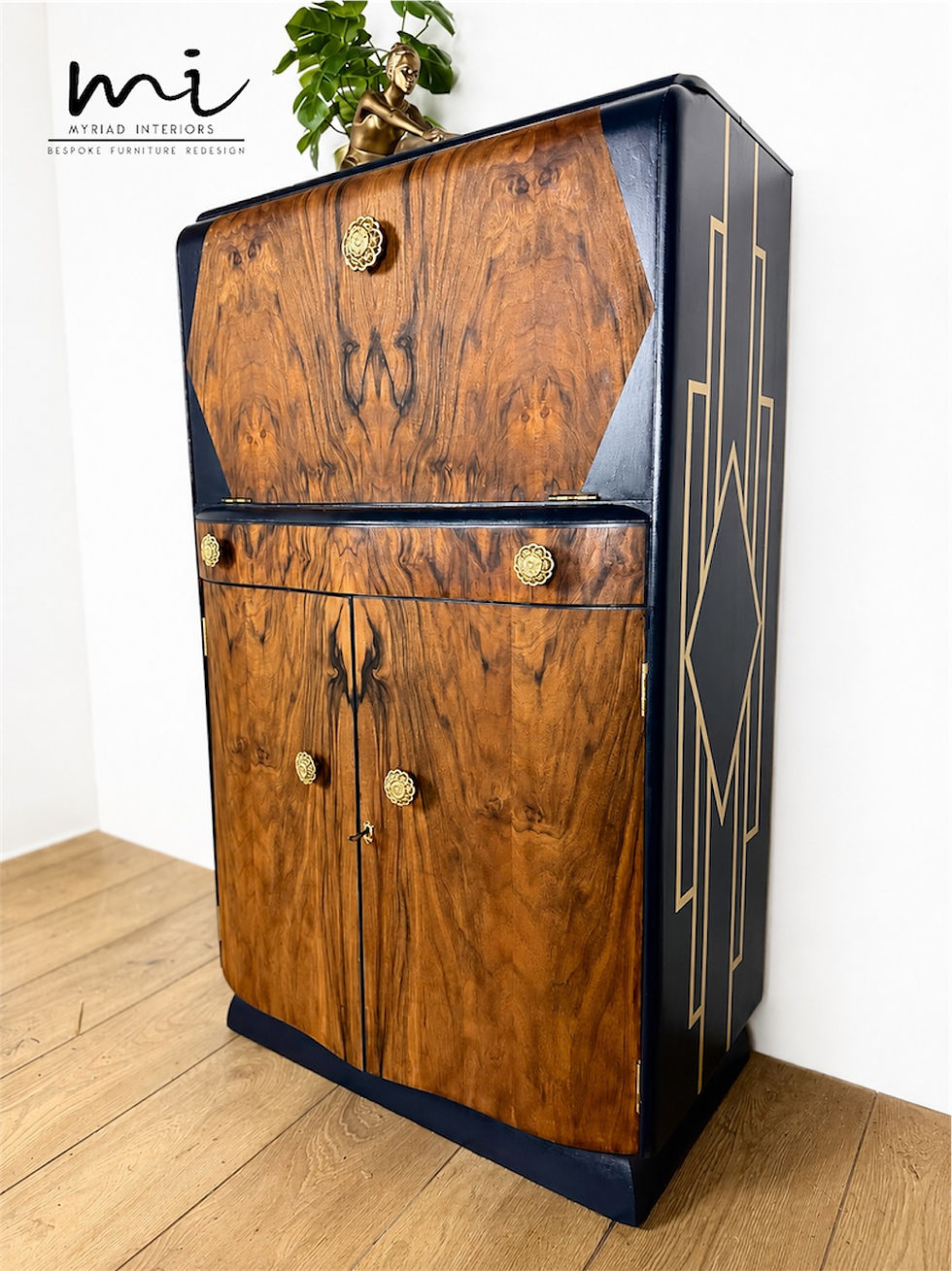 Thumbnail: Navy Blue And Gold Art Deco Burl Walnut Cocktail Cabinet, Drinks Cabinet