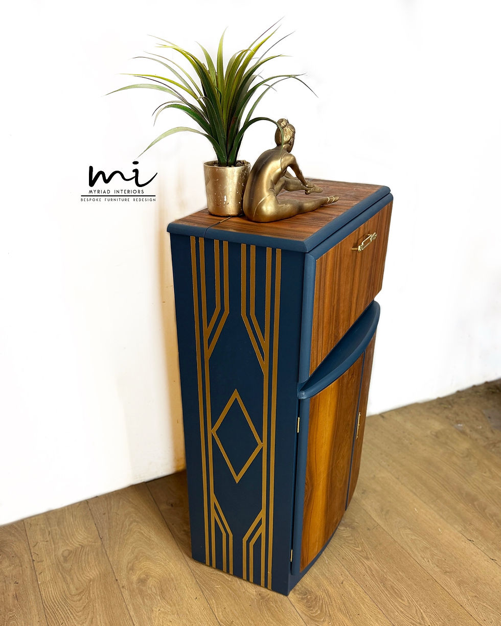 Thumbnail: Navy Blue and Gold Art Deco Walnut Cocktail Cabinet, drinks, sideboard