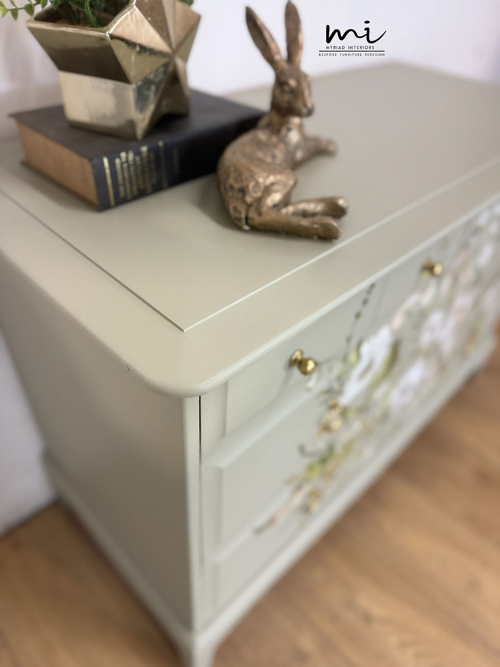 Thumbnail: Stag Minstrel 4 over 2 chest of drawers in eucalyptus green with pretty florals