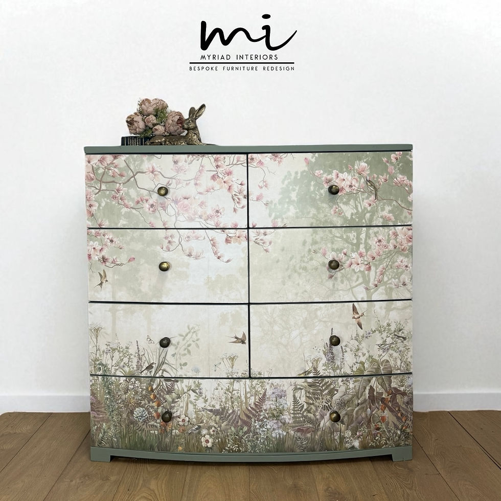 Pretty Chest of Drawers in eucalyptus green with a floral botanical mural