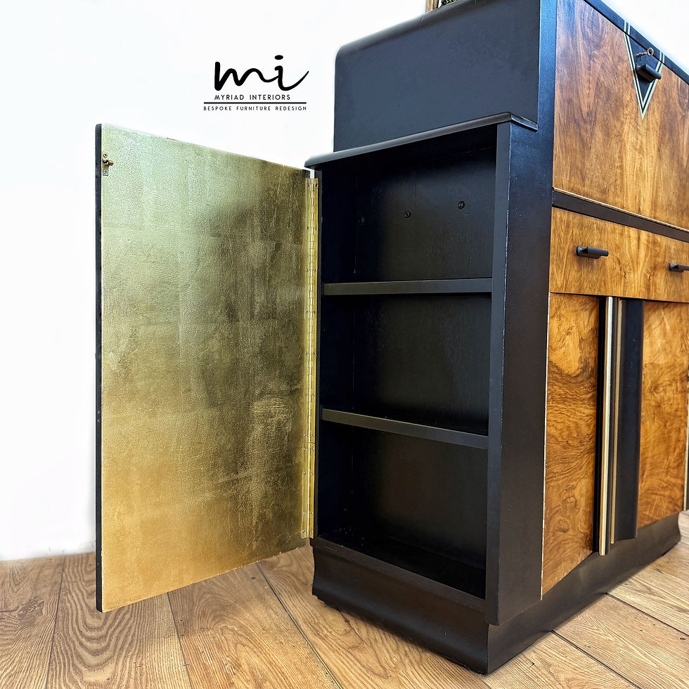 Thumbnail: Refurbished Art Deco Black And Gold Walnut cocktail cabinet, drinks sideboard