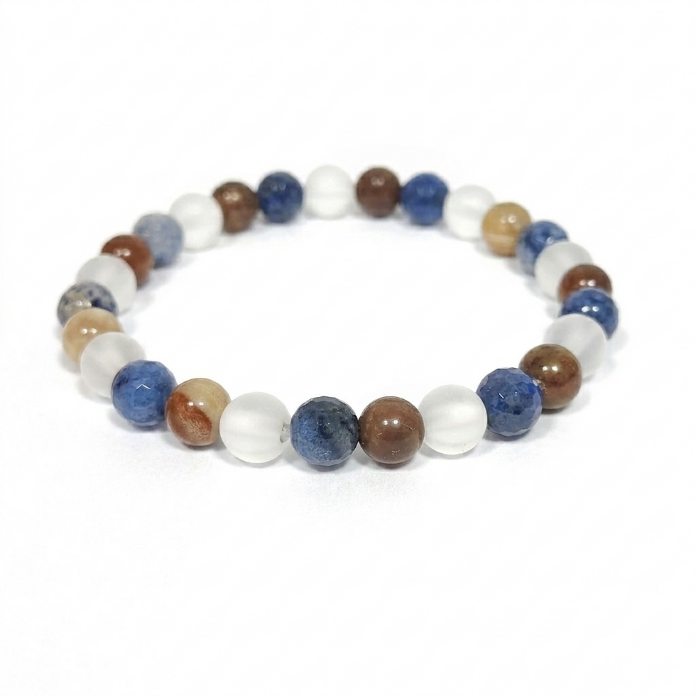 Blau-braunes Heilstein Armband Anti-Stress mit Dumortierit und versteinertem Holz.