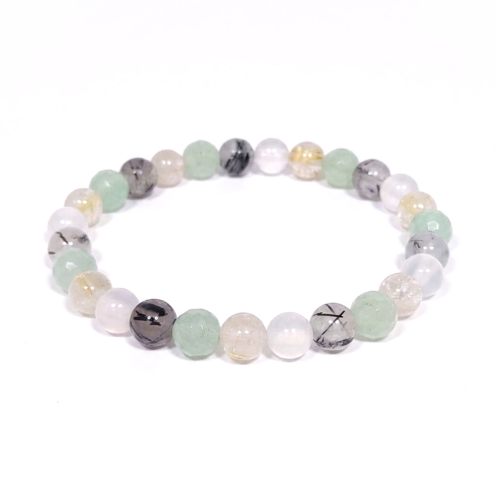 Heilstein-Armband für Selbstvertrauen aus Perlen von weißem Achat, Turmalinquarz, grünem Aventurin und Rutilquarz.