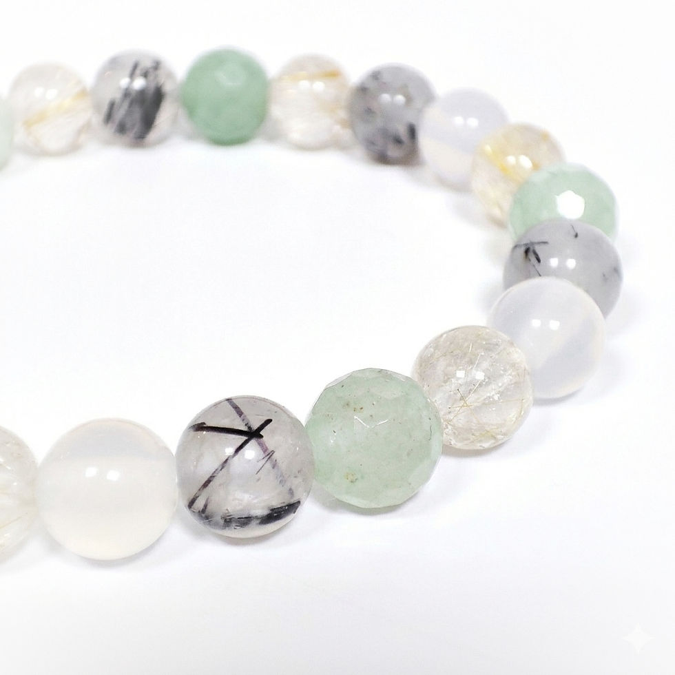 Miniaturbild: Heilstein-Armband für Selbstvertrauen aus Perlen von weißem Achat, Turmalinquarz, grünem Aventurin und Rutilquarz.