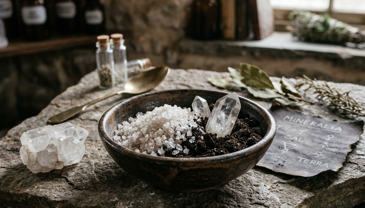 Close-up of clear crystals, sea salt, and dark soil resting beside an old ceramic bowl