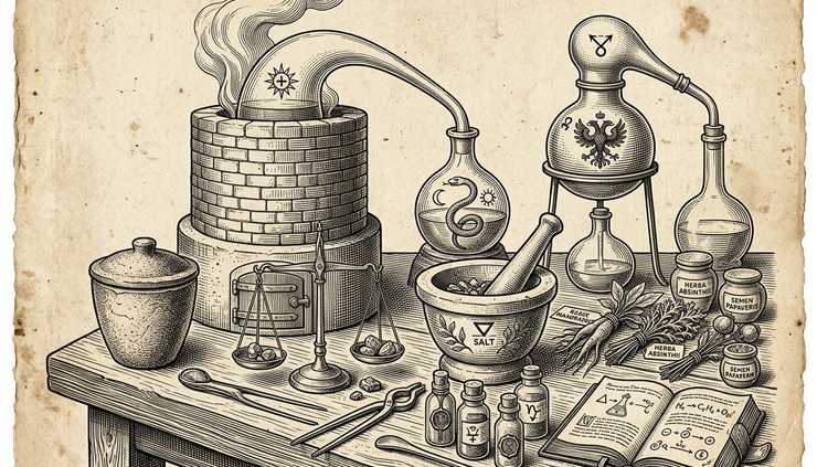 Close-up view of an alchemical laboratory bench with glass vessels and medicinal plants.