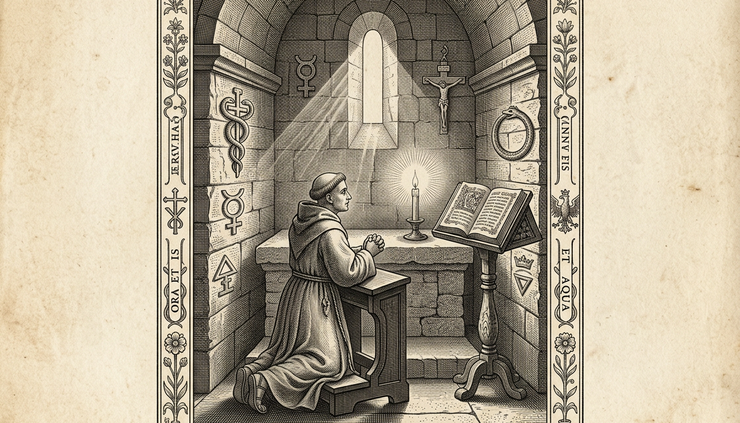 Eye-level view of a small alchemical oratory with a candle and open prayer book.