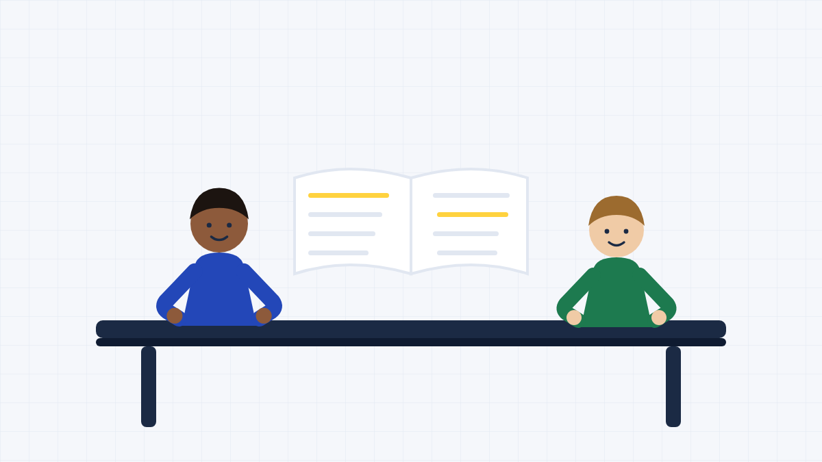 Flat-colour drawing of a student reading at a table.