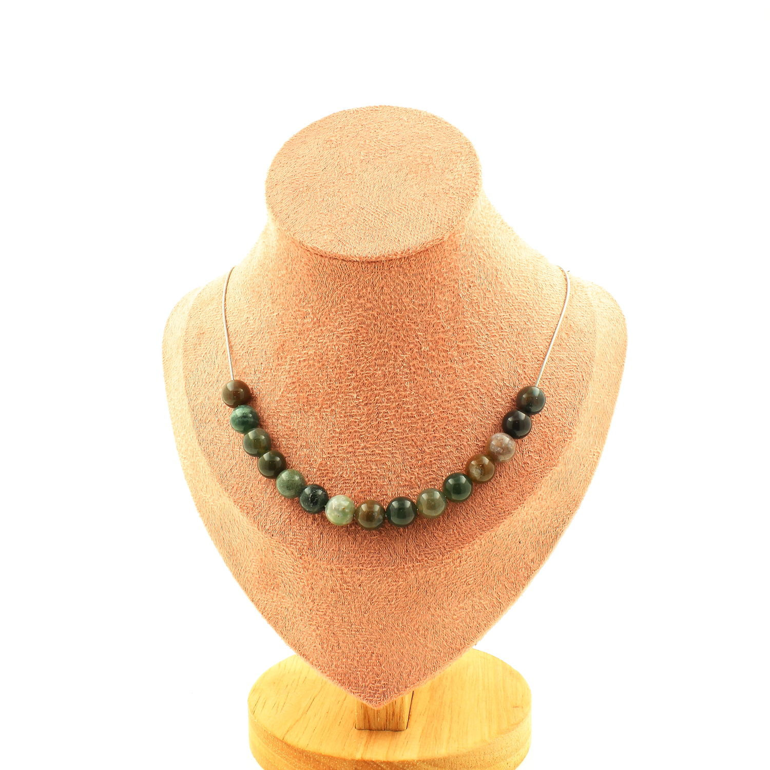Indian Agate 15 beads necklace 8 mm, stainless steel chain