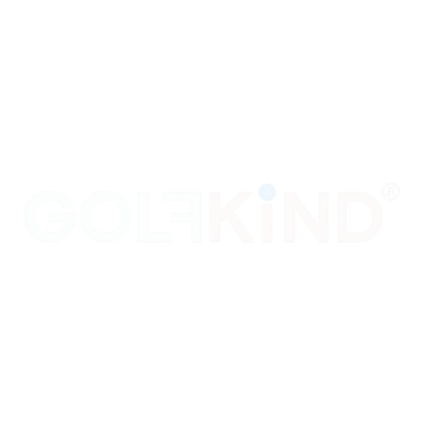 Golfkind Logo - weißer Typo fette Blockschrift. Das Logo ist eine Textmarke und bildet das Wort Golfkind.