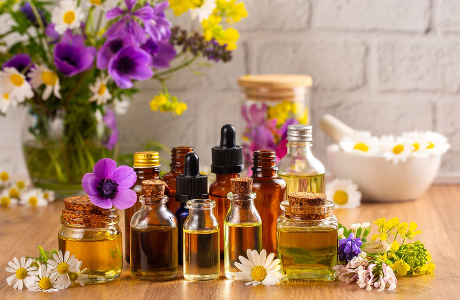 Concept of alternative herbal medicine. Bottles of tincture or potion, organic essential o