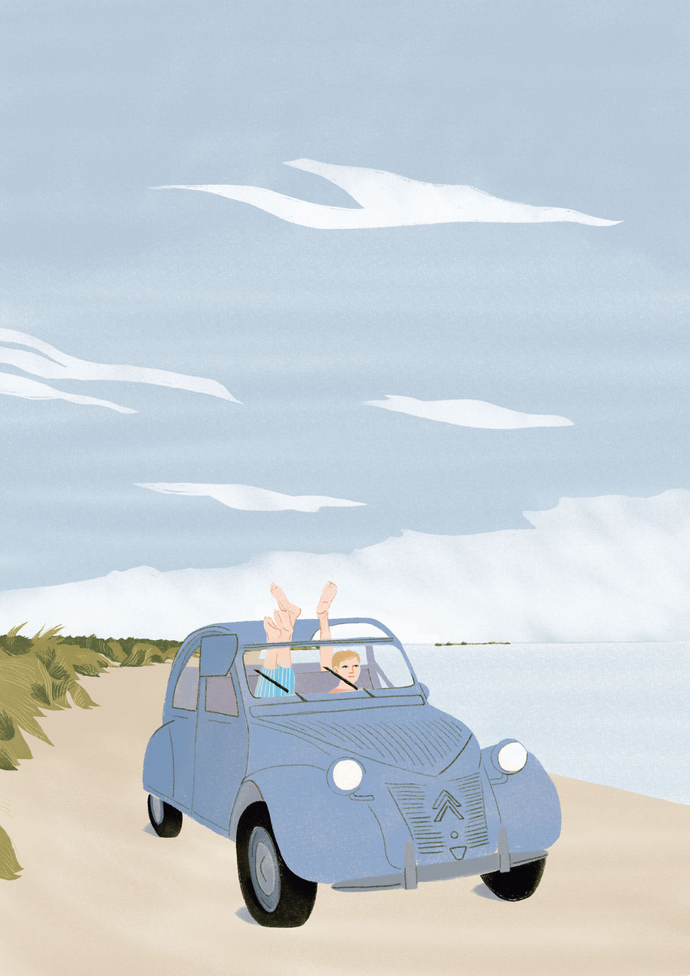 Une illustration de jeunes gens en 2CV renault en bord de mer probablement en bretagne.