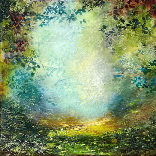 resin art. blue/green forest leaves with gold path