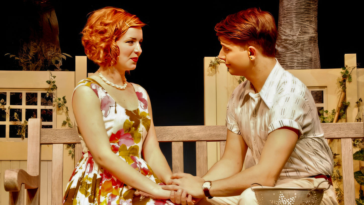 Ann Deever and Chris Keller sit on a wooden bench in the backyard, holding hands and gazing at each other with hope. The peaceful scene foreshadows the painful truths they will soon face in All My Sons.