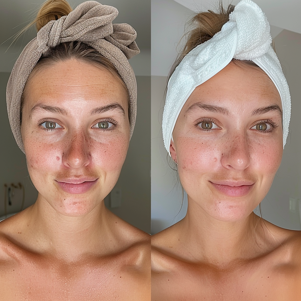 Before and after images showing the significant improvement in skin brightness and clarity post-exfoliation.