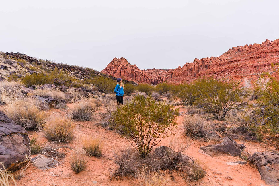 Girl hiking Scout Cave trail outside Snow Canyon State park in Southern Utah