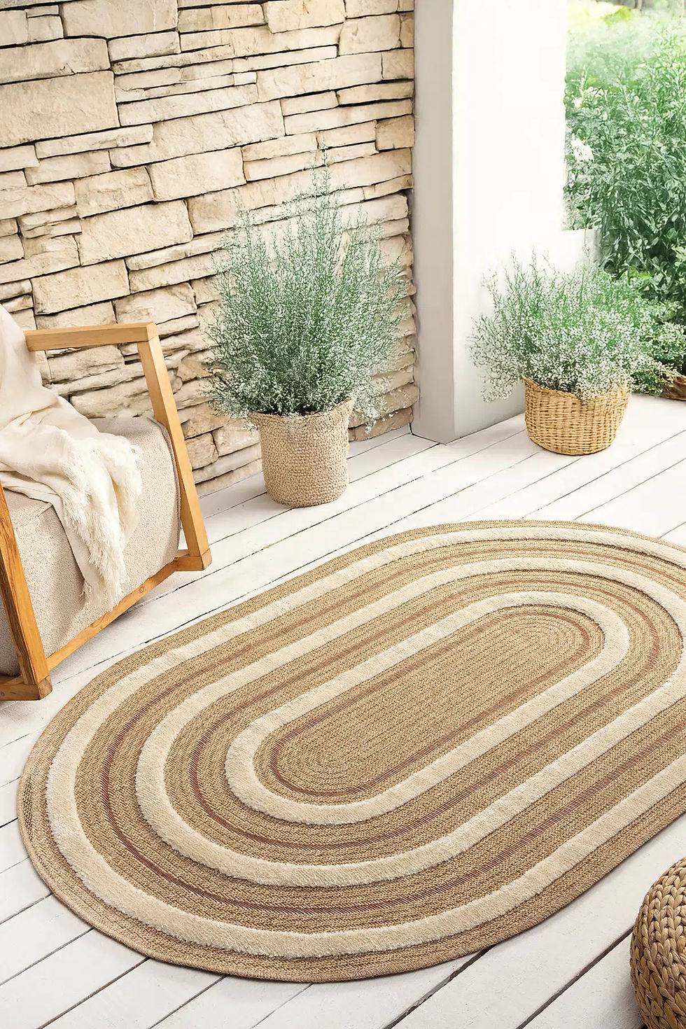 BOHEME 675 Taba Jüt Görünümlü,Hasır Dokulu,Oval Dekoratif Halı