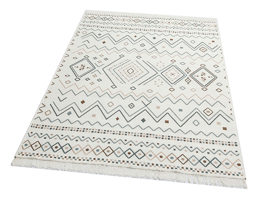 Küçük resim: ARYA 05 BEIGE BLUE Yıkanabilir,Çift Taraflı,Pamuklu,Modern Desenli Dokuma Kilim