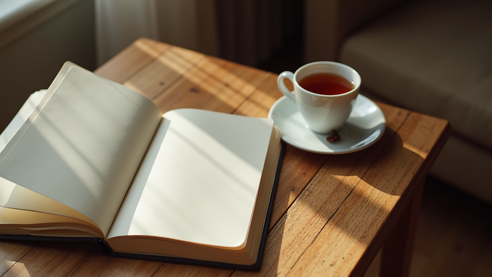 High angle view of a cozy room with a journal and a cup of tea