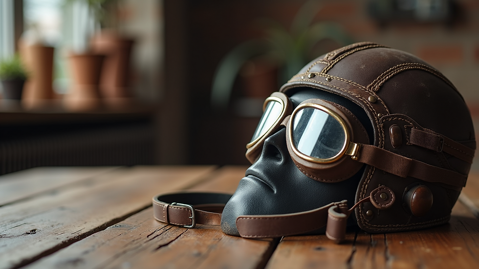 Close-up view of a vintage pilot helmet and goggles on a wooden table