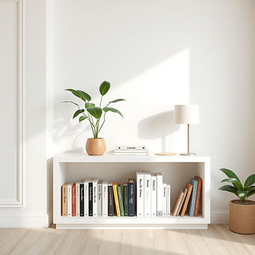 a white and beige minimal interior therapeutic half bookshelf with green plant on top and 