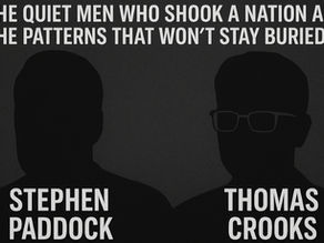 Silhouettes of Stephen Paddock and Thomas Crooks appear side by side in shadowed outlines beneath the bold title "Ghost Shooters." The subhead reads: “The Quiet Men Who Shook a Nation and the Patterns That Won’t Stay Buried.” The design evokes mystery and surveillance, set in dark, cinematic tones.