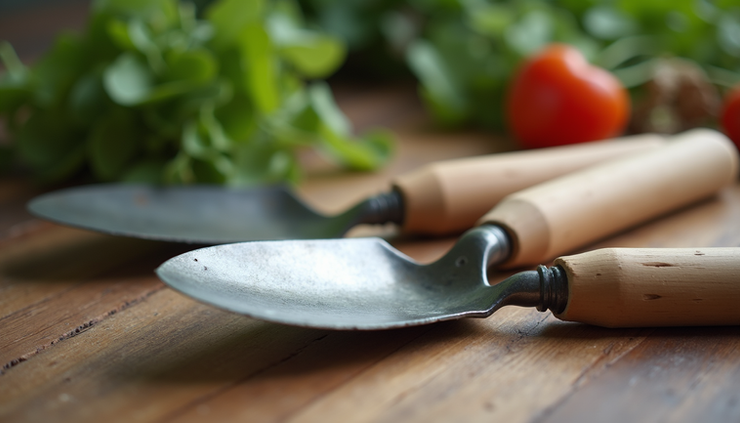 Close-up of ergonomic garden tools with soft handles