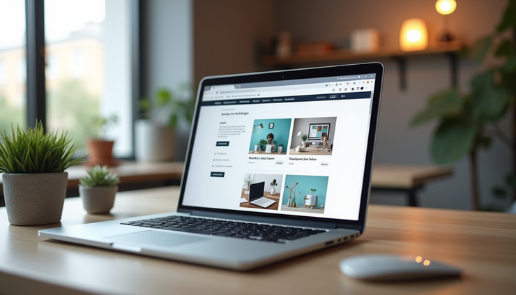 Eye-level view of a modern workspace with a laptop displaying a website builder interface