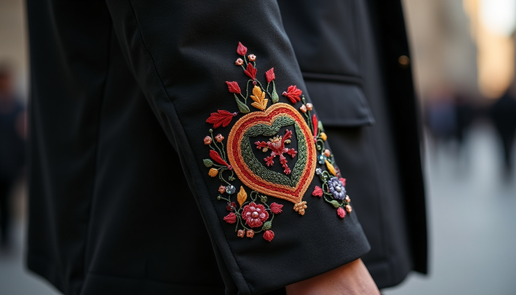 Close-up view of intricate embroidery on a Dolce and Gabbana men's jacket
