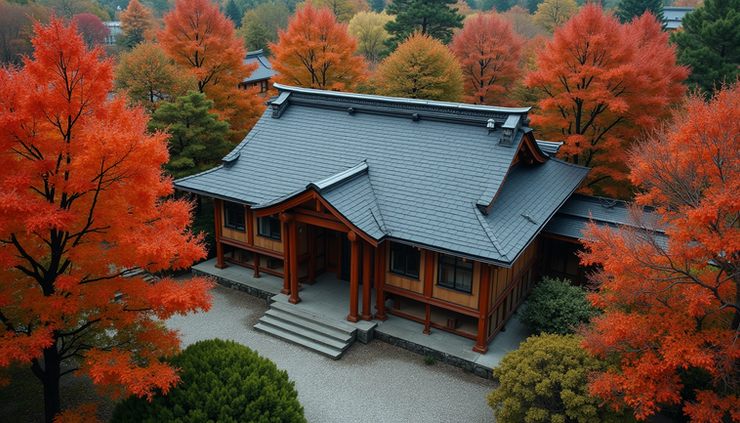 High angle view of a traditional Japanese ryokan surrounded by autumn foliage