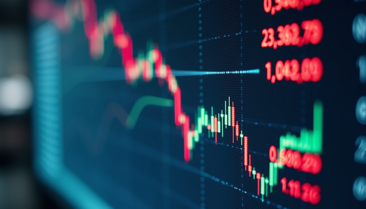 Eye-level view of a financial news screen showing currency exchange rates