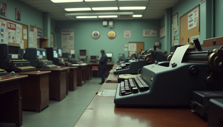Eye-level view of a vintage BBC newsroom with typewriters and old broadcasting equipment