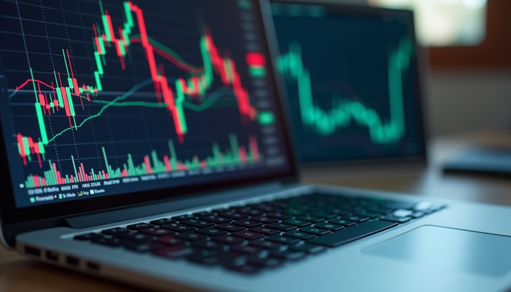 Eye-level view of a laptop screen showing eToro trading platform with stock charts