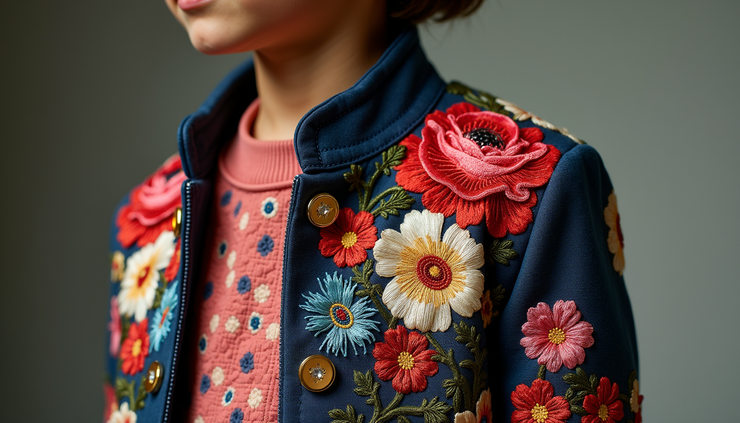 Close-up view of a Dolce and Gabbana kids jacket with intricate embroidery and floral patterns