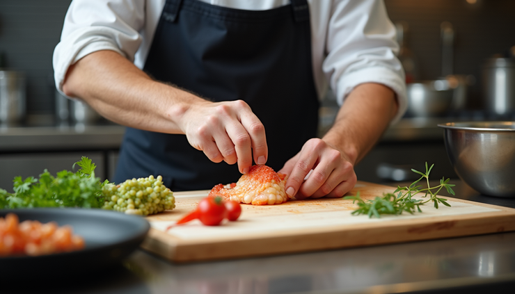 Close-up view of a chef’s hands preparing fresh seafood at a restaurant kitchen counter