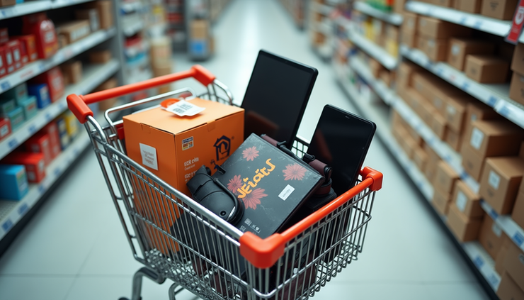 High angle view of a shopping cart filled with Argos sale items ready for checkout