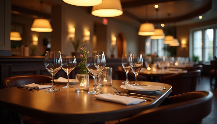 High angle view of a Michelin-starred restaurant interior with elegant table settings