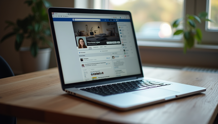 Eye-level view of a laptop screen displaying a Facebook profile page